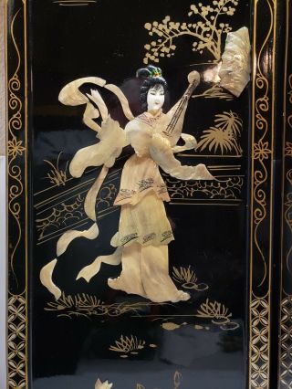 2 Vintage Black Lacquer Mother Of Pearl Wall Panels Geishas 36 " Tall