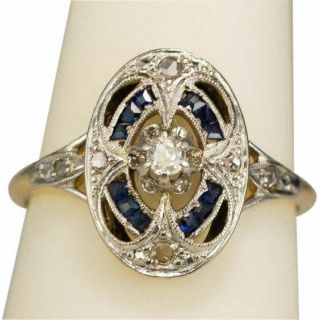Antique Art Deco Blue Sapphire White Diamond Jewelry Vintage Ring 925 Silver