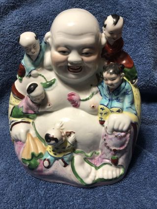 Chinese Famille Rose Porcelain Happy Buddha With 5 Children