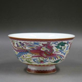 Collect Chinese Qing Dynasty Qianlong Famille Rose Porcelain Dragon Phoenix Bowl 2
