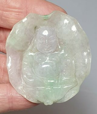 A Fine Qing Dynasty White & Green Jade Carved As Buddha In A Lotus Leaf.