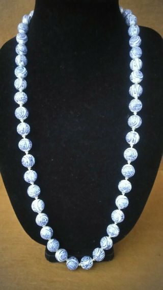 Vtg Chinese Blue And White Porcelain Longevity Bead Hand Knotted Necklace 32 "