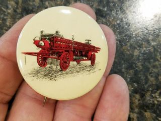 Early Celluloid Pinback Button,  Pics Horse Drawn Fire Department Ladder Wagon