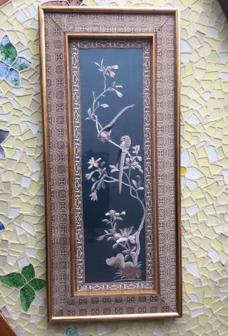 Antique Chinese Silk Embroidered Embroidery Framed Panel Parrots Birds