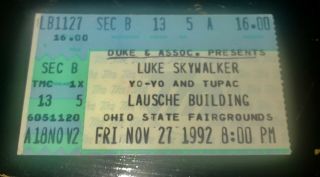 Tupac Shakur Rare Vintage Concert Ticket From 1992 In Cols Oh W/ Luke Skywalker