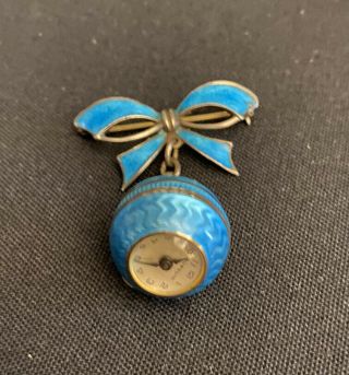 Vintage Gubelin Blue Guilloche Enamel Ball Pendant Watch On A 800 Silver Brooch