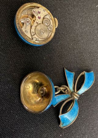 Vintage Gubelin Blue Guilloche Enamel Ball Pendant Watch On A 800 Silver Brooch 2