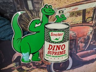 Old Vintage Heavy Sinclair Dino Supreme Gasoline & Oil Porcelain Gas Pump Sign