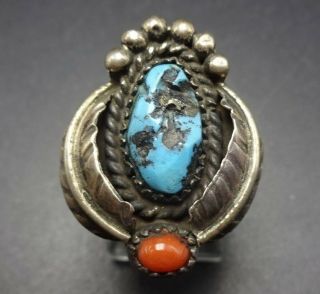 Elegant Old Pawn Vintage Navajo Sterling Silver Turquoise Coral Ring,  Size 7