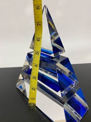 Vintage RARE Faceted Cobalt Blue Pyramid Paperweight Art Glass Statue Sculpture 2