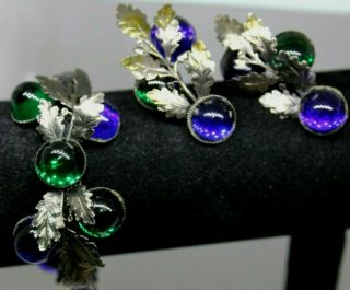 Vintage Sandor Designer Signed Blue Green Cabochon Silver Leaf Bracelet Earrings