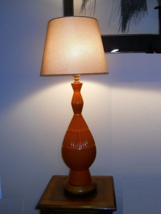 Vintage Mid Century Retro Modern Pottery Orange Table Lamp Geometric Art