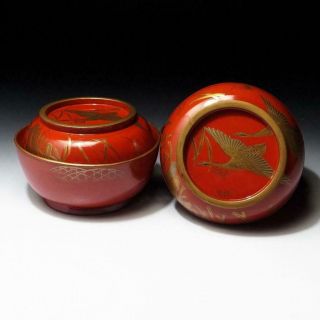 @zc32: Antique Japanese Lacquered Wooden Covered Bowls,  Makie,  Crane,  19c