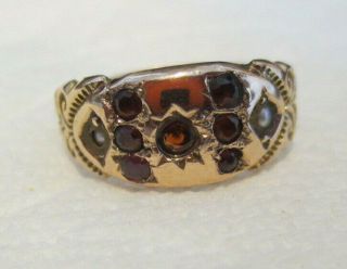 Sz 5 Antique 9ct Rose Gold Ruby & Seed Pearl Band Ring Ornate Carved Eng.  Marked