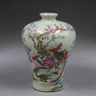 Chinese Old Porcelain Vase Pink Flowers And Birds Rich Tumei Bottle