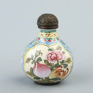 Chinese Exquisite Handmade Peach Bat Pattern Copper Enamel Snuff Bottle