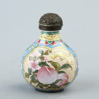 Chinese Exquisite Handmade peach bat pattern Copper enamel Snuff Bottle 3