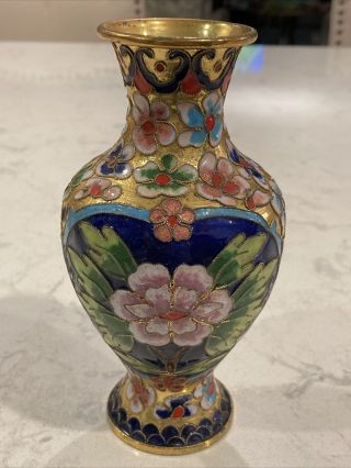 Fine Vtg Chinese Cloisonne Enamel Gold Gilt Floral Vase 6” Blue & Pink Peony