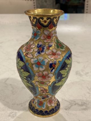 Fine Vtg Chinese Cloisonne Enamel Gold Gilt Floral Vase 6” Blue & Pink Peony 2