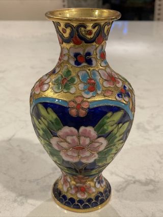 Fine Vtg Chinese Cloisonne Enamel Gold Gilt Floral Vase 6” Blue & Pink Peony 3