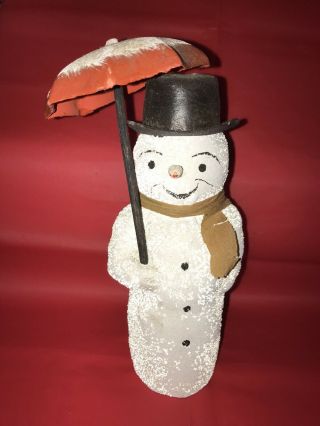 Vintage Snowman Paper Candy Container With Umbrella Venetian Dew