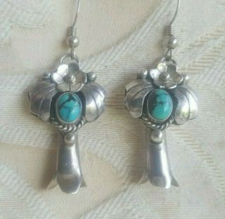 Vintage Native American Sterling Squash Blossom W/turquoise Earrings Signed Jp