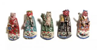 Group Of 5 Antique Miniature Hand Painted Enamel Metal Chinese Immortals Figures