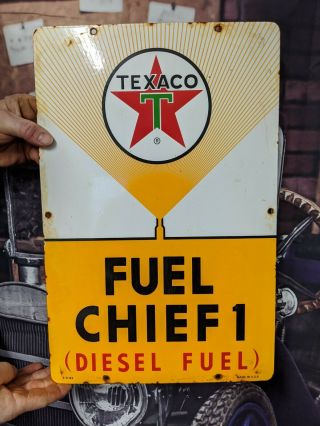 Large Old Vintage 1962 Texaco Fuel Chief Porcelain Gas Oil Sign Gasoline Station