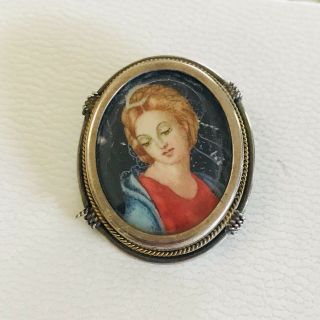 Vintage Antique Hand Painted Portrait Cameo Lady Brooch Pendant Silver 800