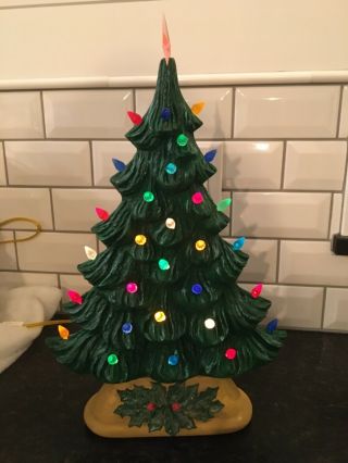 Vintage Long Ceramic Flat Christmas Tree With Light Gold Green Holly Leaf Base