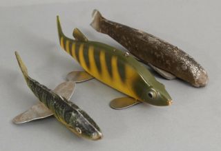 3 Antique & Vintage Hand Painted Wood & Metal Fish Decoy Lures,  K.  Slettin