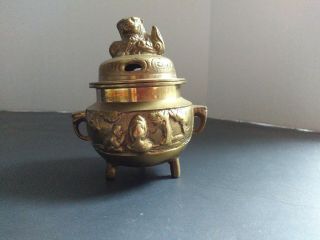 Vintage Old Chinese Brass Censor Handled Incense Burner Foo Dog.