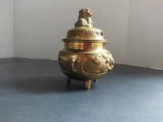 Vintage Old Chinese Brass Censor Handled Incense Burner Foo Dog. 2