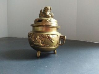 Vintage Old Chinese Brass Censor Handled Incense Burner Foo Dog. 3