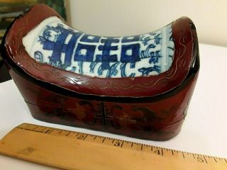Antique Chinese Lacquered Opium Pillow Box,  Blue And White,  Late 19th Century;