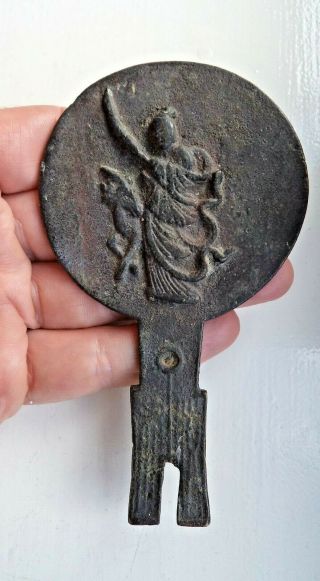 Chinese Qing / Republic Small Bronze Hand Mirror With Deer And Guanyin