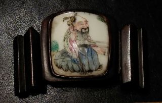 Antique Chinese Wood And Porcelain Painted Belt Buckle