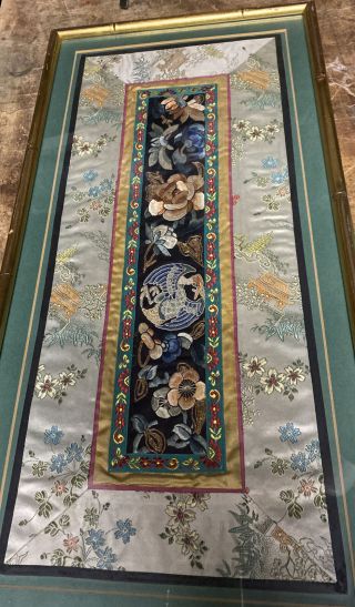 Antique Chinese Silk Embroidered Mat.  Over 100 Years Old Floral Design Certi