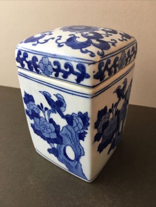 Porcelain Blue & White Square Tea Caddy Storage Jar With Lid 15x9cm