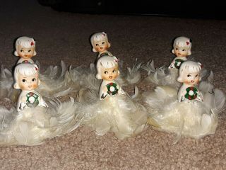 6 Vintage Holt Howard Porcelain Heads Christmas Angels Feather Skirts 3 " Inch