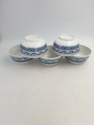 Melamine Hard Plastic Chinese Rice Soup Bowls Blue White Floral 5pc Set