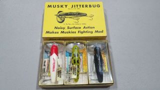 Vintage Dealer Box Of 3 Fred Arbogast Wood Musky Jitterbug Fishing Lures,