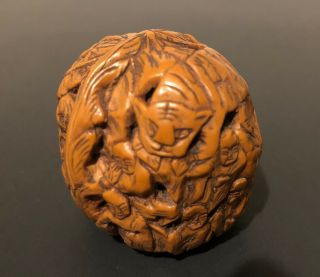 Vintage Chinese - Carved Walnut - Hediao - Tiger,  Dragon And Monks Rare