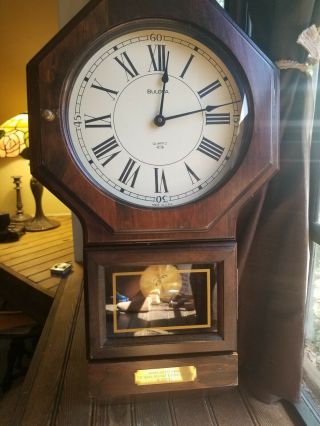 Vtg Bulova Quartz Pendulum Wall Clock Wood With Plaque 22.  5 " X 12 " Great