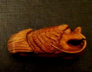 Vintage Dragon Fish Japanese Netsuke Carved Wood Signed 2 " Long