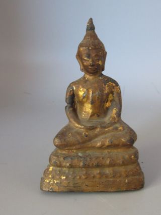 Fine Old Thai Cast Bronze Gold Gilt Sitting Buddha Statue Sculpture Figure