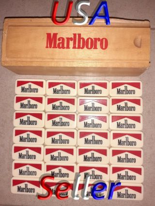 Vintage 80s Ivory Marlboro Collectable Double Six Dominoes W/ Wooden Box Frm Usa