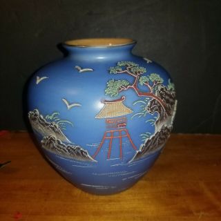 Antique 1920s Moriyama Mori - Machi Blue Vase W/ Moriage Scene Hand Painted Japan
