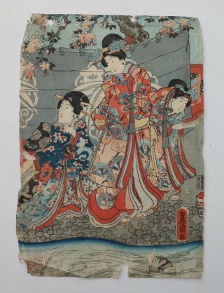Toyokuni Japanese Woodblock Print 3 Geisha Beauties Antique