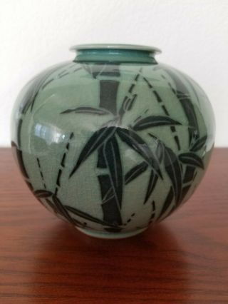Vintage Korean Celadon Ceramic Vase With Bamboo Pattern And Crackle Glaze Signed